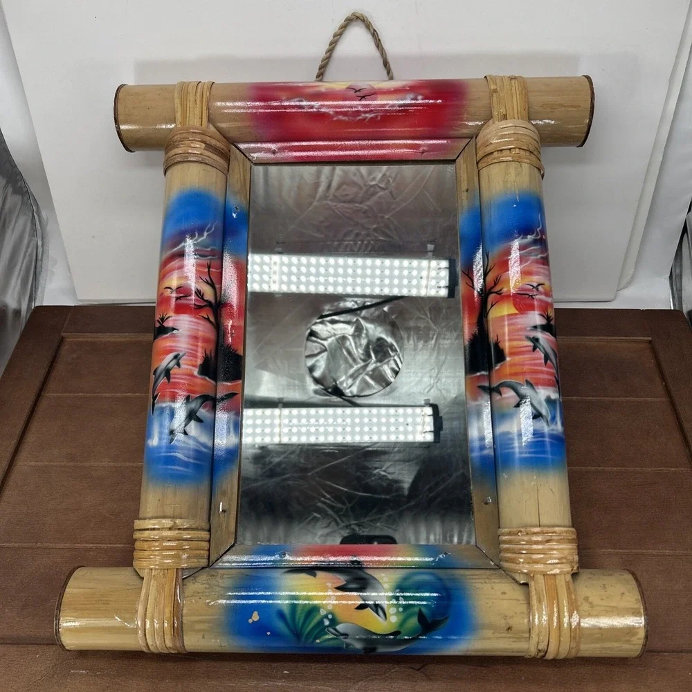 16x14‎ Bamboo Wood Frame Wall Mirror, Nautical Beach Ocean Hawaii Dolphins